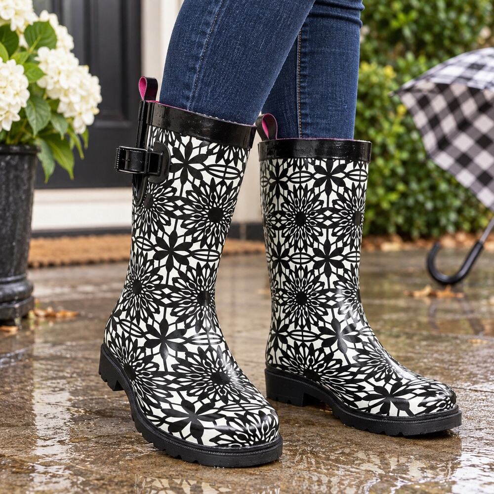 Capelli Black White Floral Rain Boots Pink Lining Buckle Mid Calf Waterproof S9